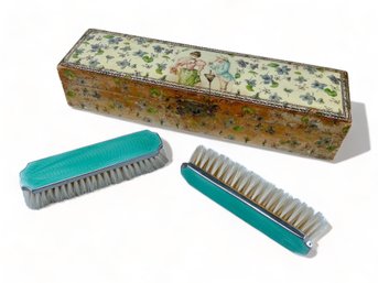 Sterling And Green Enamel Antique Clothing Brushes With Enamel Decopage Box
