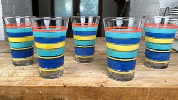 Five Vintage Deco Anchor Hocking Fiesta, Multi Color Stripe Drinking Glasses