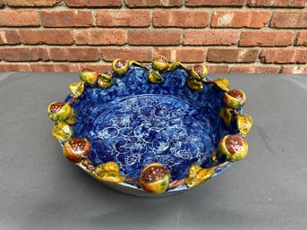 Mexican Ceramic Decorative Bowl In Cobalt Blue With Pomegranites