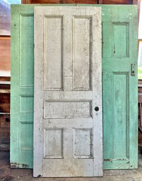 Three Solid Wood Doors, Two Painted Arsenic Green, One White With Under Layer Of Light Blue