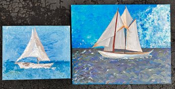 Two Paintings On Canvas, Sailboats In The Sa