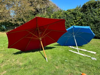 Two Large Outdoor Umbrellas, Red And Blue