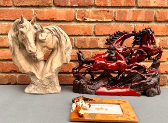 Equine Sculpture Lot Wild Horses, And 'Touch Of Class Loving Horses' Cast In Resin