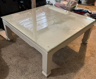 Mid Century Modern White Lacquered Ming Coffee Table With Glass Top