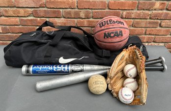 Sport Equiptment Lot Basketball, Aluminum Baseball Bats, Baseball Glove, Etc