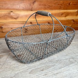 Large Antique French Wire With Wooden Handle, Harvest Or Market Basket