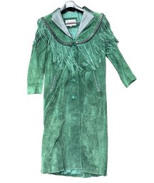 PHENOMENAL Vintage Green Suede Fringe Coat, By Diamond Leathers, Made In The USA