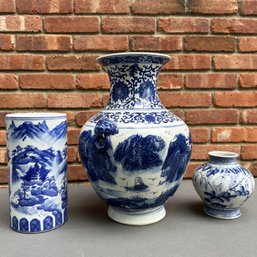Three White And Blue Chinese Export Porcelain Vases