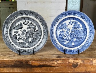 Antique Patterson Flow Blue And Black Willow Pattern, Plates