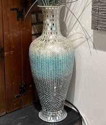 Tall Silver, White, And Teal Mosaic And Glass Vase