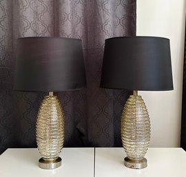 Pair Of Mercury Glass Lamps With Black Linen With Gold Interior Shades