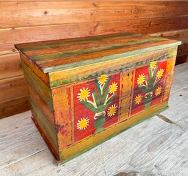 Small Vintage Folk Art Painted And Carved Blanket Chest