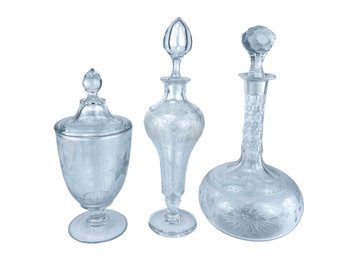 Etched Crystal Decanters And Sugar Jar
