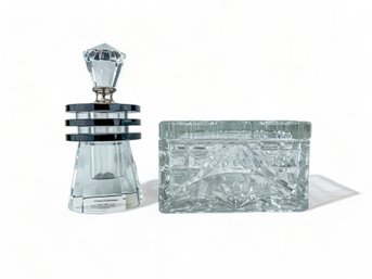 Art Deco Shannon Crystal Parfume Decanter And Crystal Lidded Box Desk Or Vanity Top Accessories