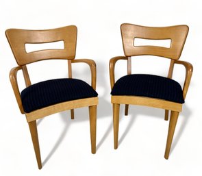 Pair Of Heywood Wakefield Dog Bone Arm Chairs In Pinstripe Black Upholstery