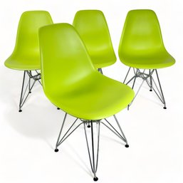 Four Moulded Seat Eames Style, Lime Green And Chrome Side Or Dining Chairs