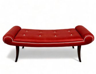 Mid Century Rolled Arm Bench Seat In Moody Red Upholstery And Off White Piping