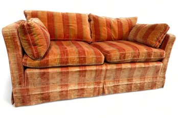 Mid Century Orange Velvet Striped Two Seater Sofa