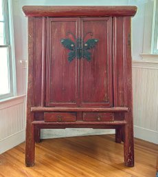 Antique Chinese Red Lacquered Butterfly Cabinet