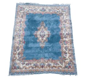 Wool Pile Oriental Rug In Blue And Floral Motif Appx 8 X 12