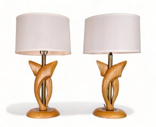 Pair Of Mid Century Yasha Heifetz Oak And Brass Table Lamps
