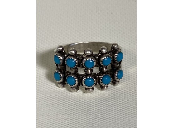 Zuni Sterling Silver Petit Point Turquoise Ring Size 7.5