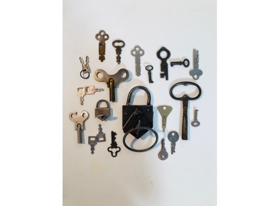 Assortment Of Old Keys, Cabinet Keys, Clock, Skeleton And Two Locks With Keys