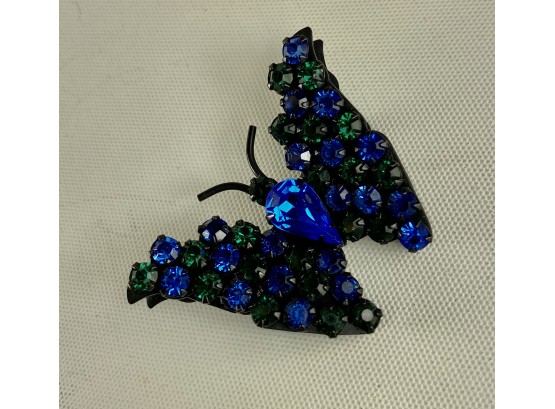 Vintage Joseph Warner Green And Blue Glass Or Crystal Butterfly Brooch With Black Metal Setting