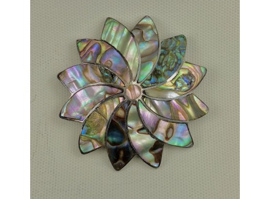 Mexican Silver And Abalone Shell Swirl Or Sun Pendant Brooch