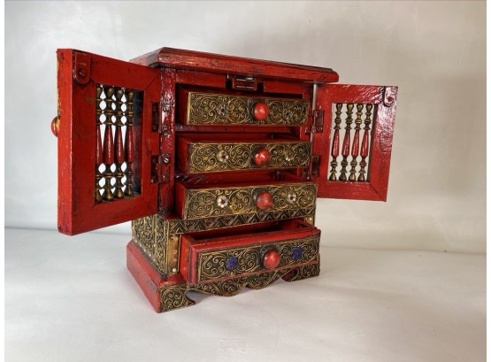 Vintage Made In Thailand Red And Filagree Wooden Upright Jewelry Box With Drawers And Doors