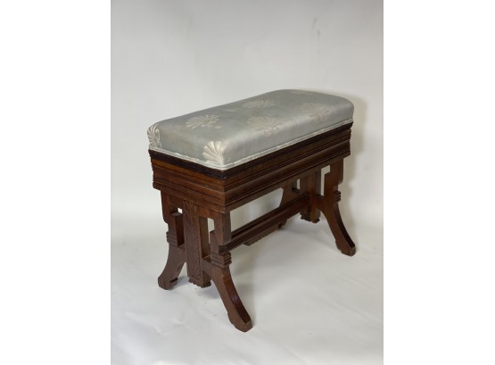 Antique Oak & Upholstered Seat Storage Or Piano Bench With Hinged Seat -