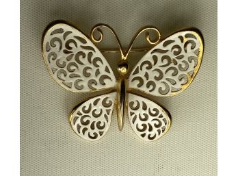 Vintage J.J. Jonette Jewelry White And Gold Tone Butterfly Pendant Or Brooch