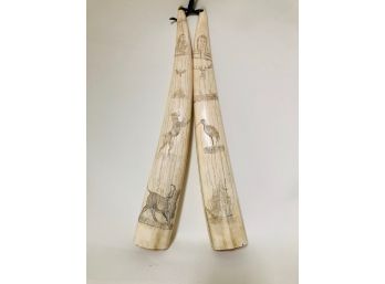 Antique Scrimshaw On Walrus Tusks - Native Americans, Dog, Buck, Steer, Canoe, Duck, Cat, Sail Boat