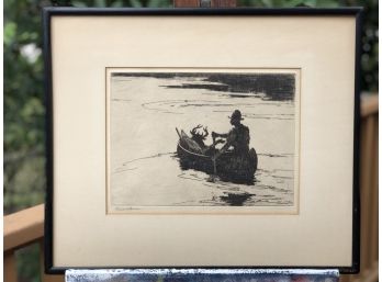 Signed Etching: Hunting Man Canoeing With Antlers / Trophy