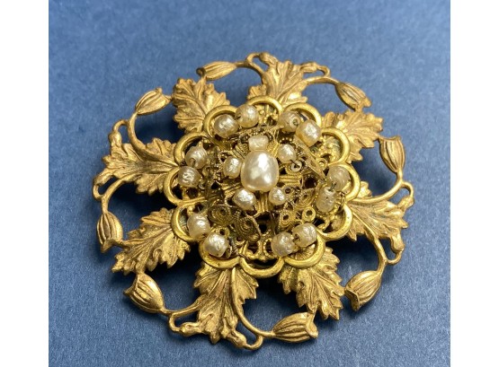 Miriam Haskell Brooch With Fresh Water Pearl And Gold Tone Botanical Features