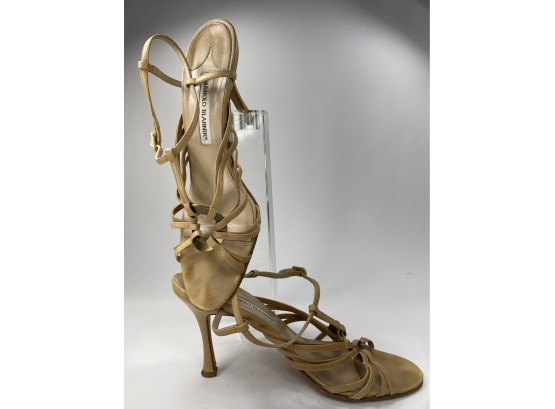 Manolo Blahnik Tan Skin Tone Leather With Metal Ring Strappy Heels Size 39