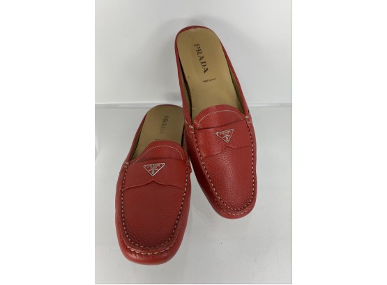 Prada - Authentic - Red Leather Slide Loafers, Slip On Driving Loafer Size 38 1/2 / 8.5