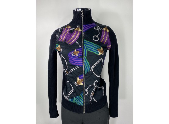 Lauren Ralph Lauren Zip Cotton And Silk Zip Front Equestrian Pattern Jacket Sweater, Gucci Style