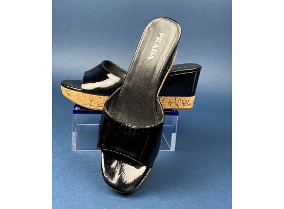 Authentic Prada, Black Patent Leather And Cork Sole Slide Wedges, Size 39