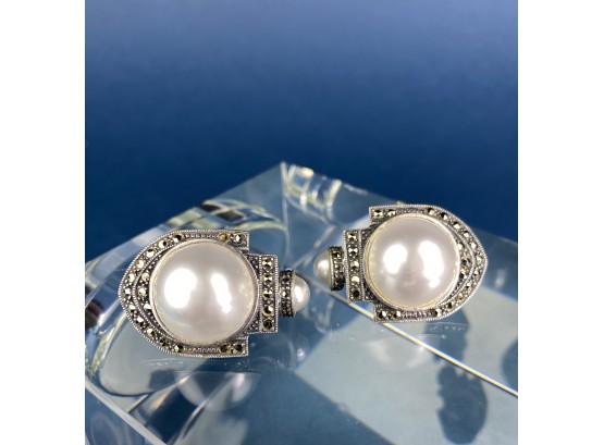 Exquisite Antique Sterling Silver, Real Pearl And Marcasite Deco Style Earrings (mother Of Pearl)