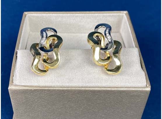 18k Yellow And White Gold With Diamonds Earrings, Made In Italy