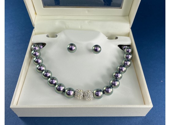 New In Box, Misaki Iridescent Pearl With Sterling Silver Necklace And Matching Earring Set