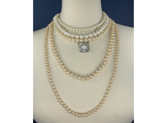 Vintage Unmarked And Carolee Necklaces - Five Pearl And One Rhinestone And Pearl Pendant Necklace