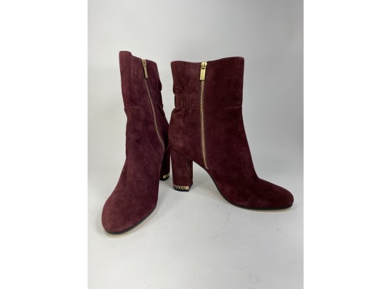 New, Unworn Michael Kors Maroon Suede Ankle Boot With Side Zip And Covered Heel With Chain Detail  Size 8.5