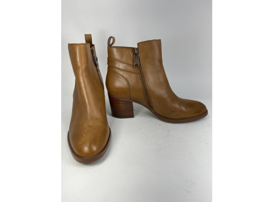 Pair Of Tan Lauren By Ralph Lauren Ankle/ Low Boots With Heel, Brass Side Buckle Size 8
