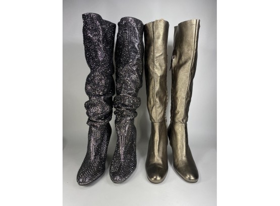 Lot - Two Pair Of Tall Metallic - Gunmetal Micro Stud And Pewter Gold Leather - Heeled Boots Size 8.5