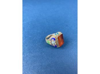 Chinese Filagree And Cloisonne In Sterling Silver With Enamel And Reddish Stone - Free Size