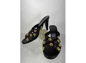Gucci Black Criss Cross Leather Open Toe Heeled Slides With Gold And Black Stud Detail Size 38 1/2