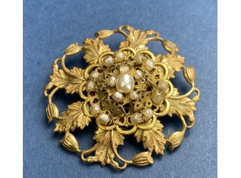 Miriam Haskell Brooch With Fresh Water Pearl And Gold Tone Botanical Features