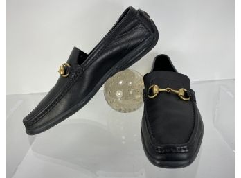 Gucci Black Leather Driving Shoes Loafers With Brass Equestrian Bit, Classic Hardware Size 38 1/2